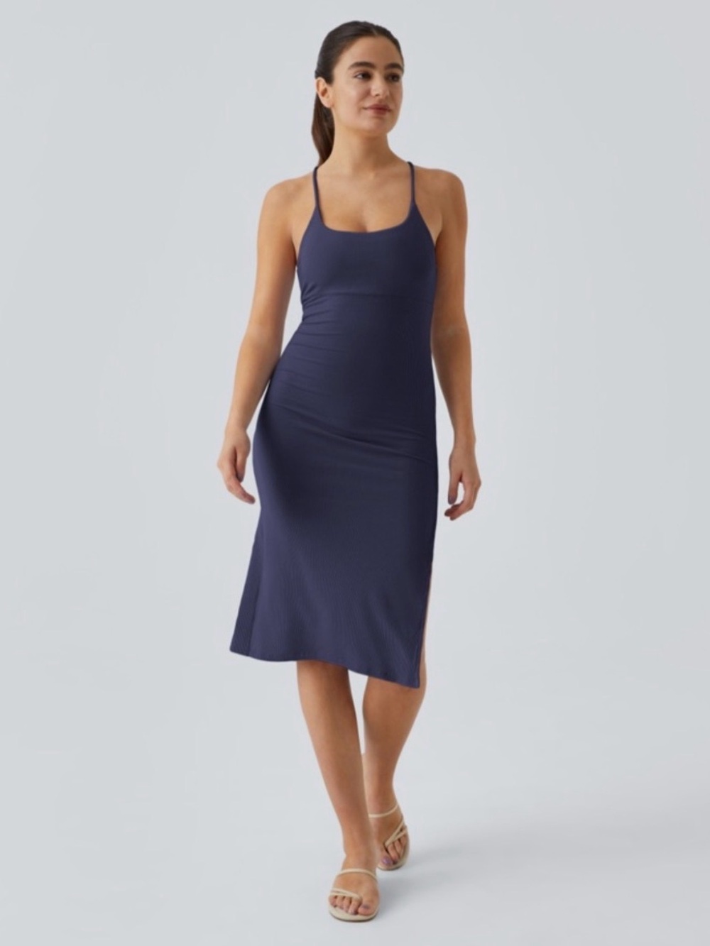 Halara Navy Everyday Split Strap Bodycon Midi Chill Dress-Sensationa
